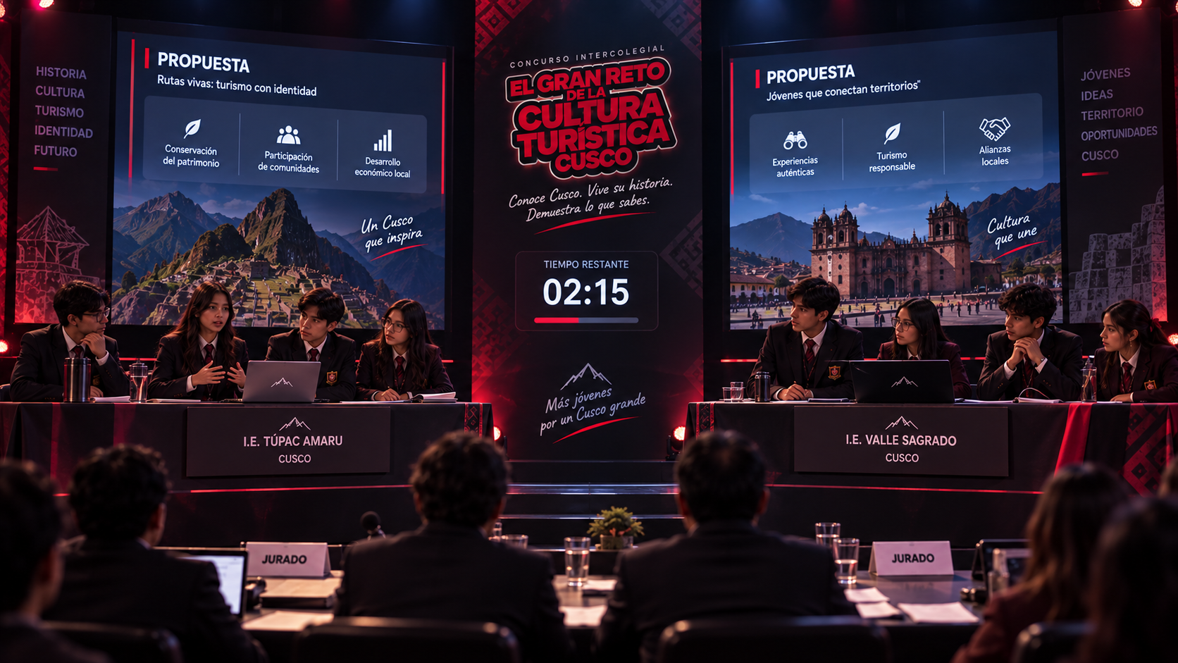 Dos equipos de estudiantes cusqueños debatiendo sus propuestas en el escenario del concurso, frente al jurado