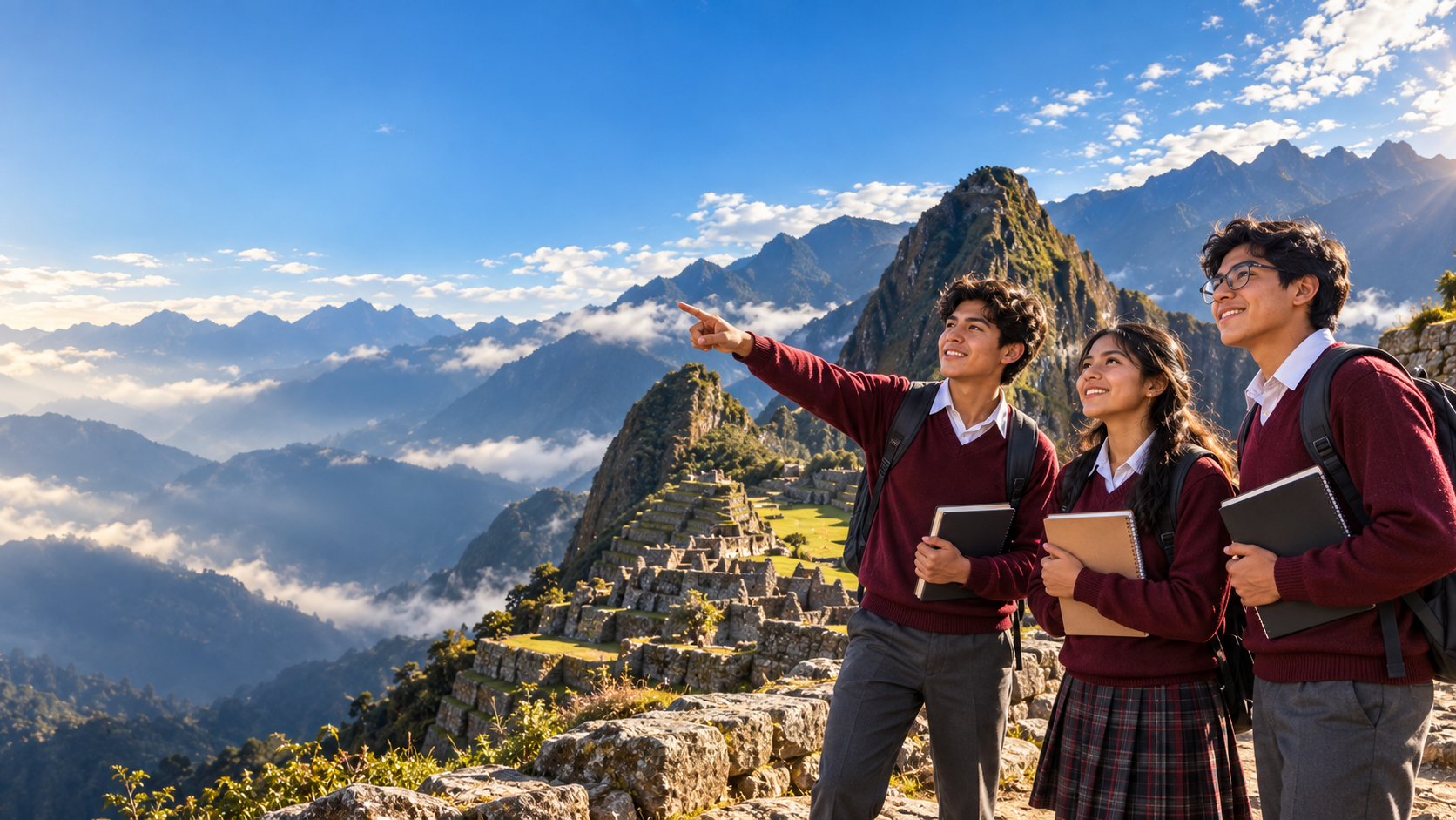Estudiantes cusqueños con uniforme escolar observando Machu Picchu desde un mirador andino