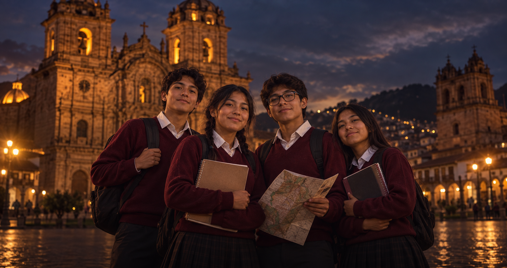 Vista panorámica de la Plaza de Armas del Cusco al anochecer